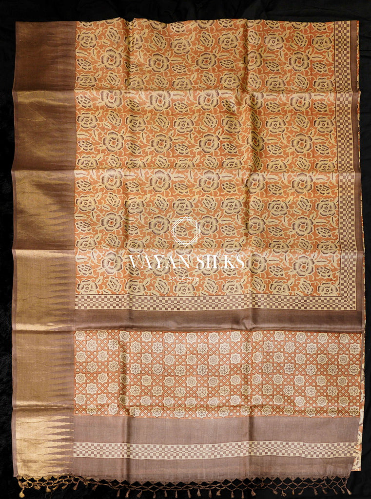 Orange Floral Printed Tussar Silk Saree