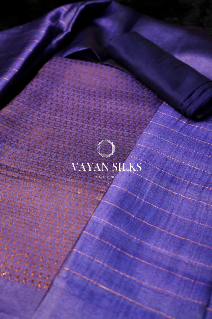 Blue Purple Tussar Silk Unstitched Salwar Suit - Metallic Copper Collection