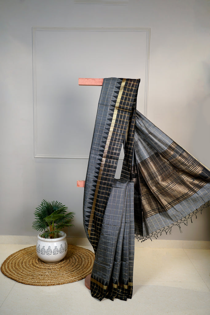 Dark Grey Black Color Dupion Silk Hand Woven Saree