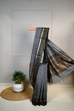Load image into Gallery viewer, Dark Grey Black Color Dupion Silk Hand Woven Saree