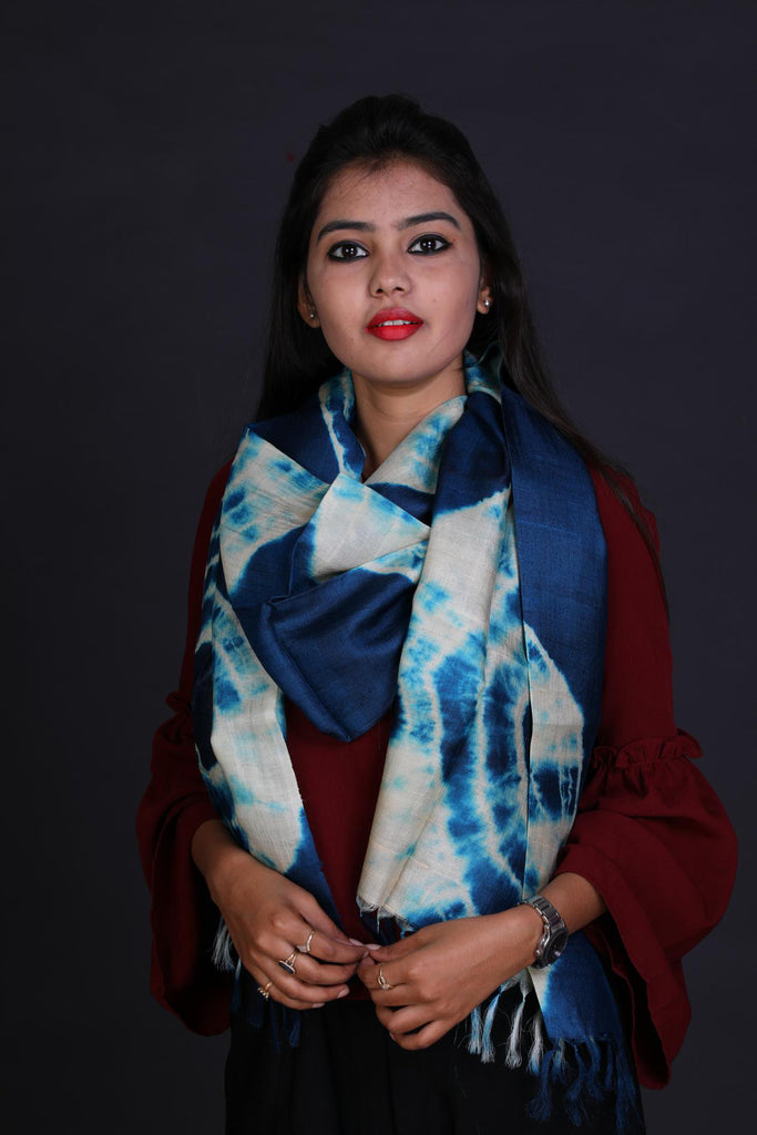Blue Color Tussar Silk Printed Stole