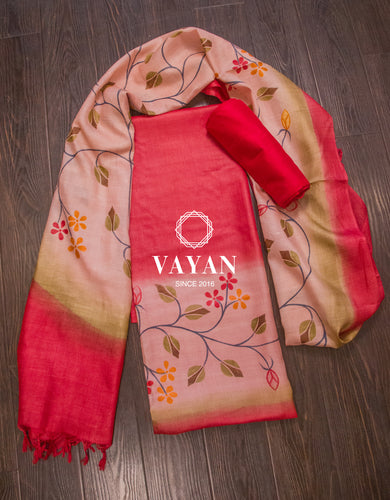 Red Hand painted Tussar Suit Set