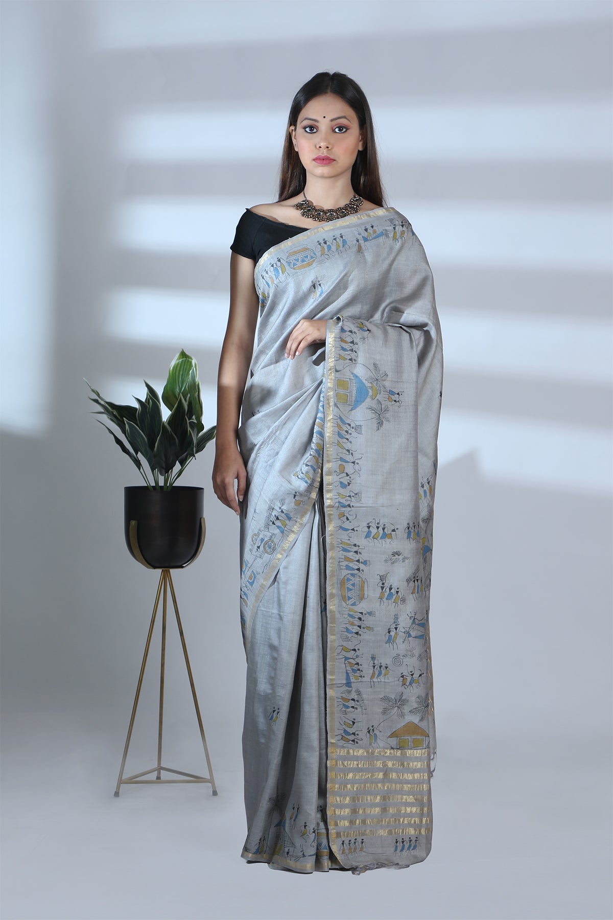 Fabric painted sarees, Hyd, AP - Hand painted warli design on summer cotton  saree | Facebook