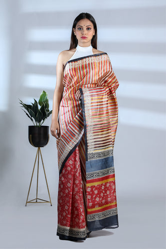 Multi color Patli Pallu Tussar Saree