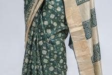Load image into Gallery viewer, Green Printed Tussar Silk Saree