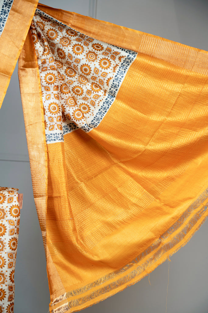 Yellow Color Tussar Silk Printed Saree