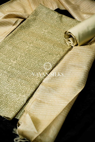 Cream Green Tussar Silk Unstitched Salwar Suit
