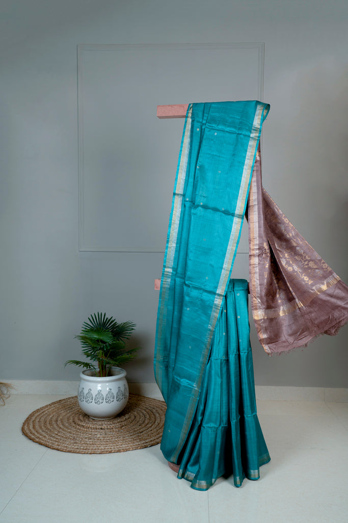 Blue Brown Color Tussar Silk Hand Woven Saree