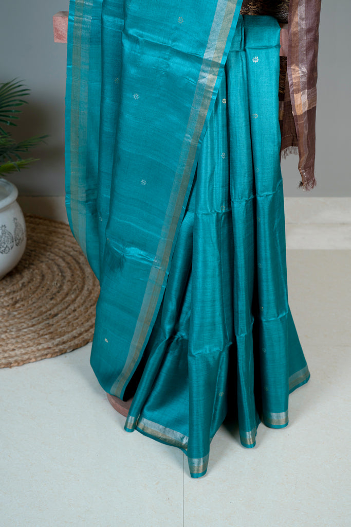 Blue Brown Color Tussar Silk Hand Woven Saree