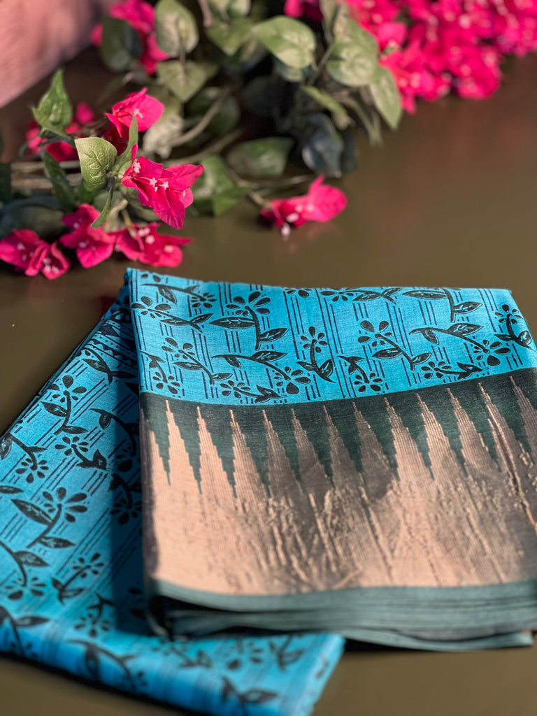 Blue Floral Printed Tussar Silk Saree