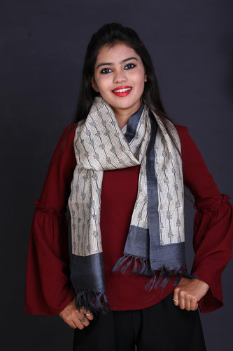 Off White Black Color Tussar Silk Printed Stole