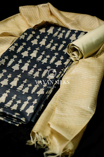 Cream Charcoal Tussar Silk Unstitched Salwar Suit