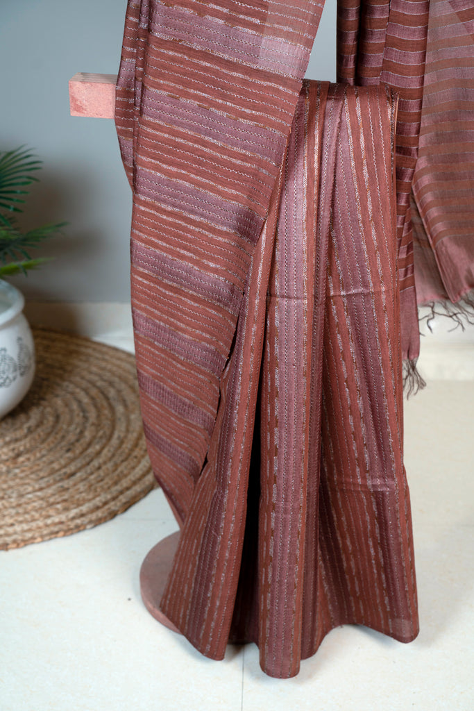Brown Color Tussar Silk Hand Woven Saree
