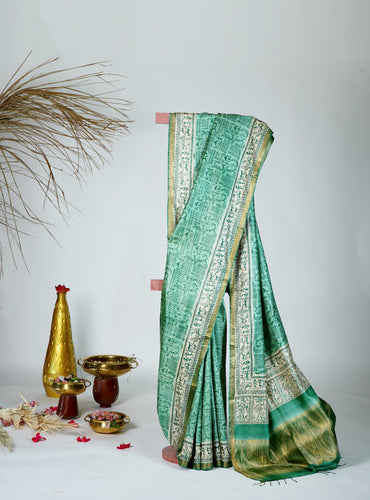 Green Color Tussar Silk Printed Saree