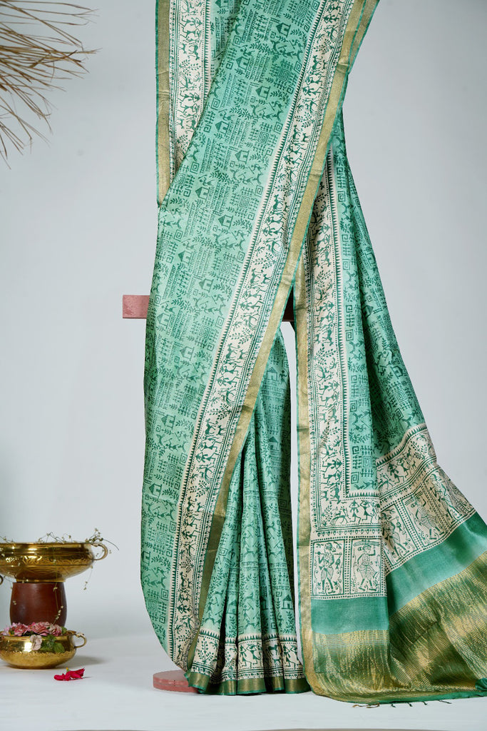 Green Color Tussar Silk Printed Saree