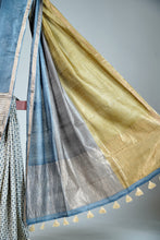 Load image into Gallery viewer, Grey Blue Lemon Color Tussar Silk Printed Saree