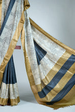 Load image into Gallery viewer, Black White Gold Color Tussar Silk Printed Saree