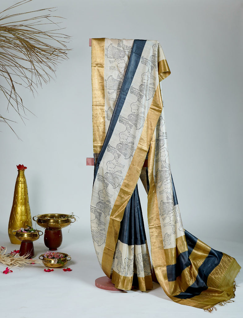Black White Gold Color Tussar Silk Printed Saree