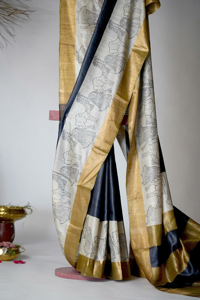Black White Gold Color Tussar Silk Printed Saree