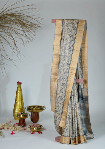 Black White Texture Color Tussar Silk Printed Saree