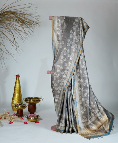 Grey White Color Tussar Silk Printed Saree