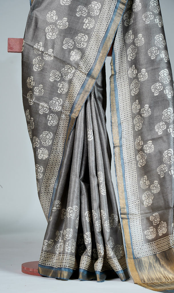 Grey White Color Tussar Silk Printed Saree