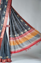 Load image into Gallery viewer, Black Red Color Tussar Silk Printed Saree