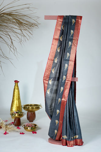 Black Red Color Tussar Silk Printed Saree