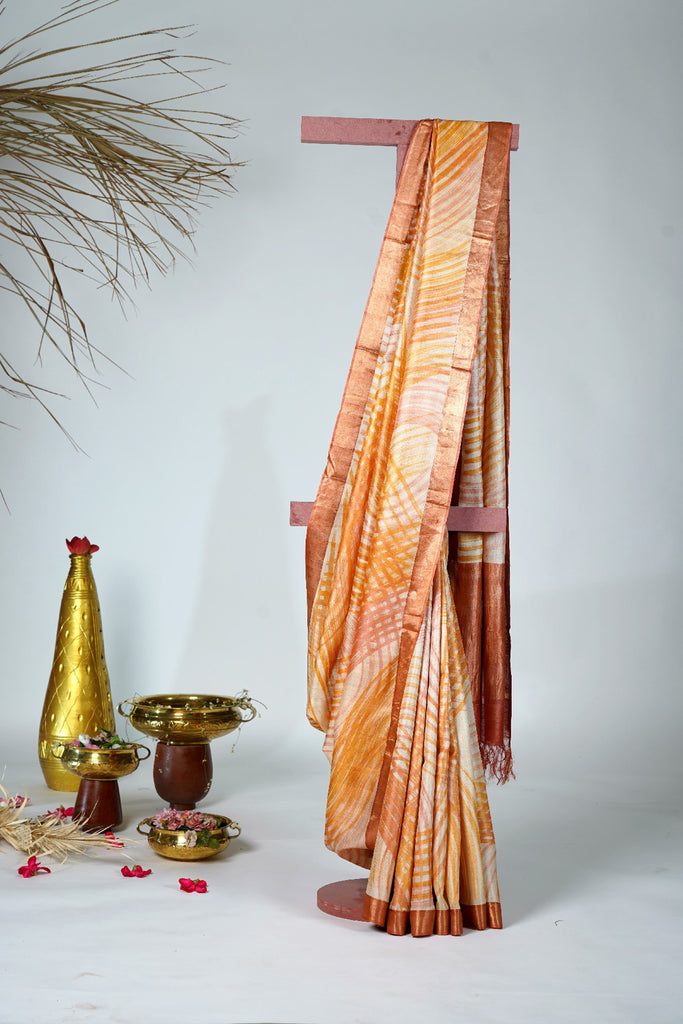 Light Orange Color Tussar Silk Printed Saree