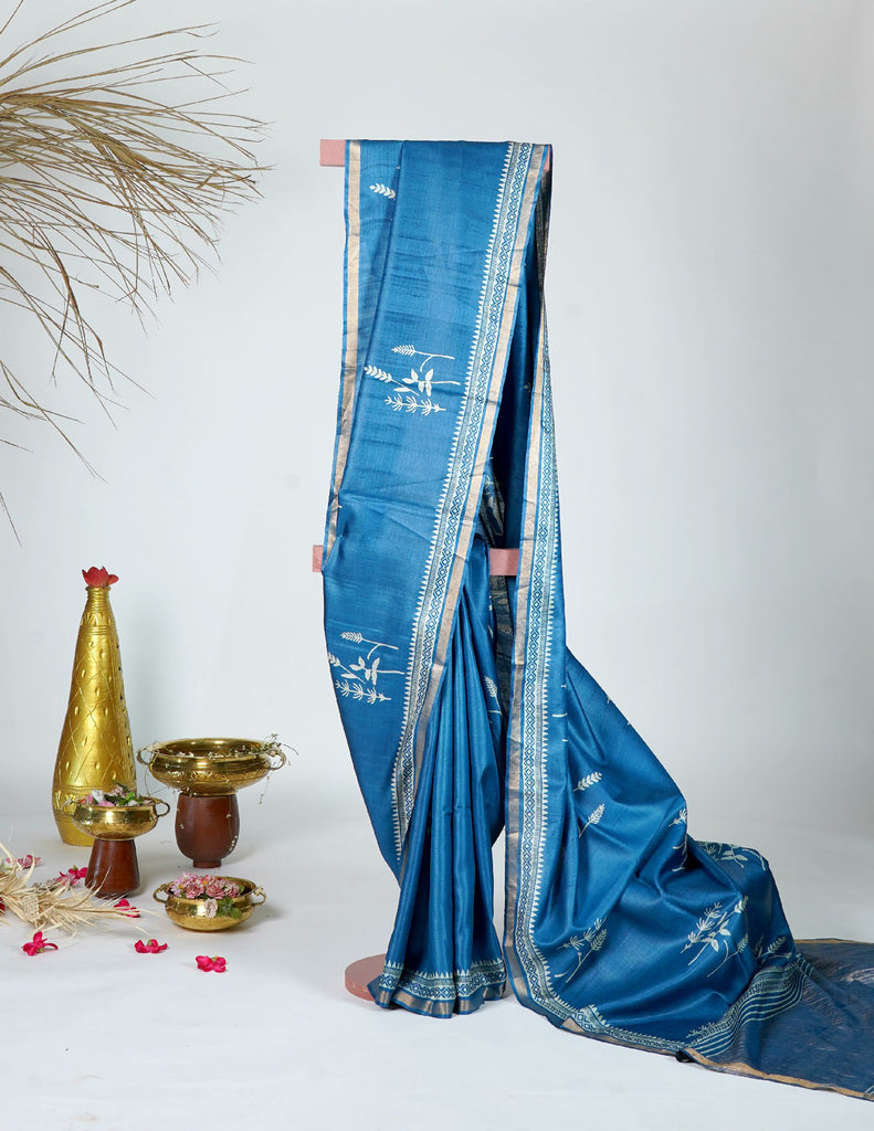 Dark Blue Color Tussar Silk Printed Saree