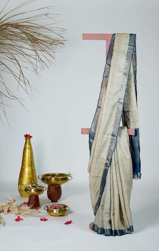 Blue White Color Tussar Silk Printed Saree