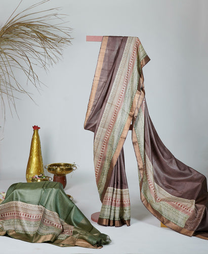 Brown Color Tussar Silk Printed Saree