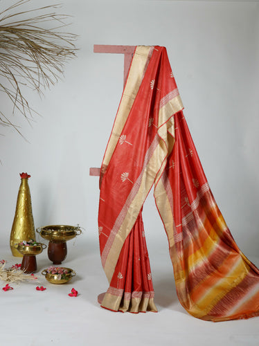 Red Color Tussar Silk Printed Saree