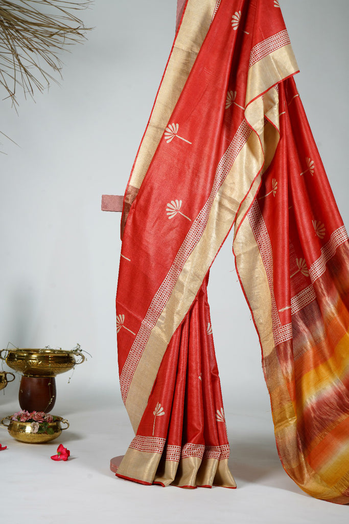 Red Color Tussar Silk Printed Saree