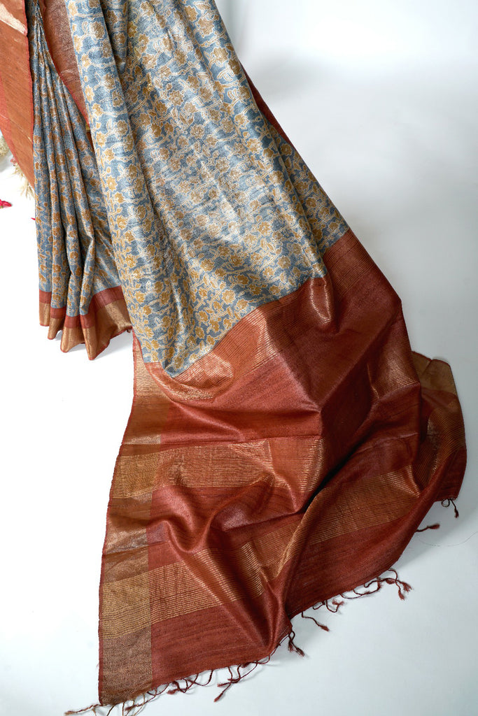 Rust Color Tussar Silk Printed Saree