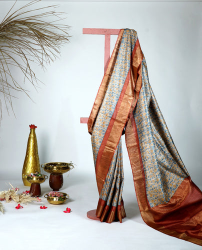 Rust Color Tussar Silk Printed Saree