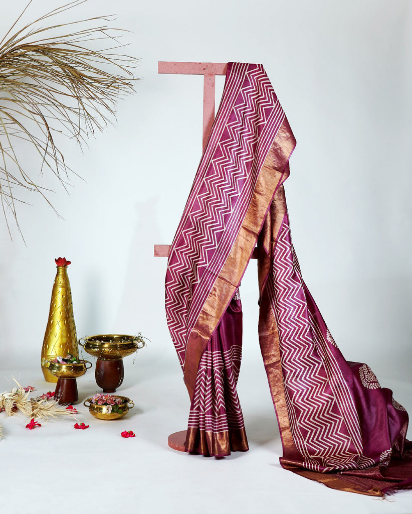 Magenta Color Tussar Silk Printed Saree