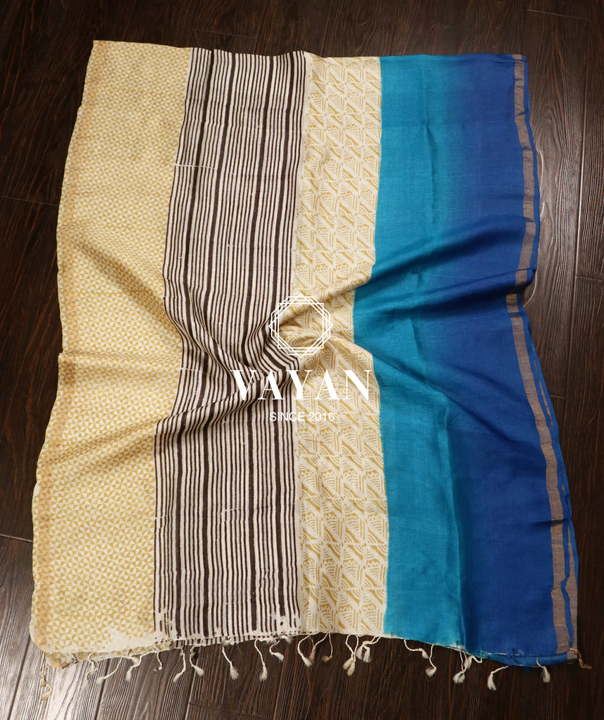 Blue Printed Tussar Silk Suit Set