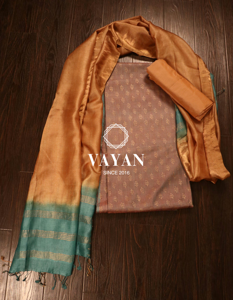 Purple Brown Printed Tussar Silk Suit Set