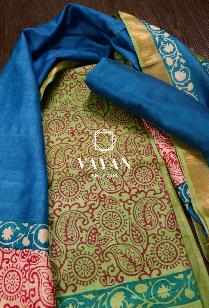 Blue Green Printed Tussar Silk Suit Set