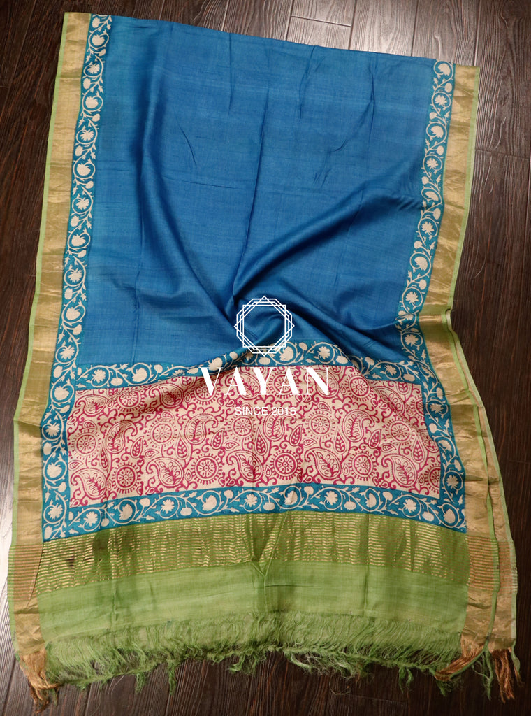 Blue Green Printed Tussar Silk Suit Set