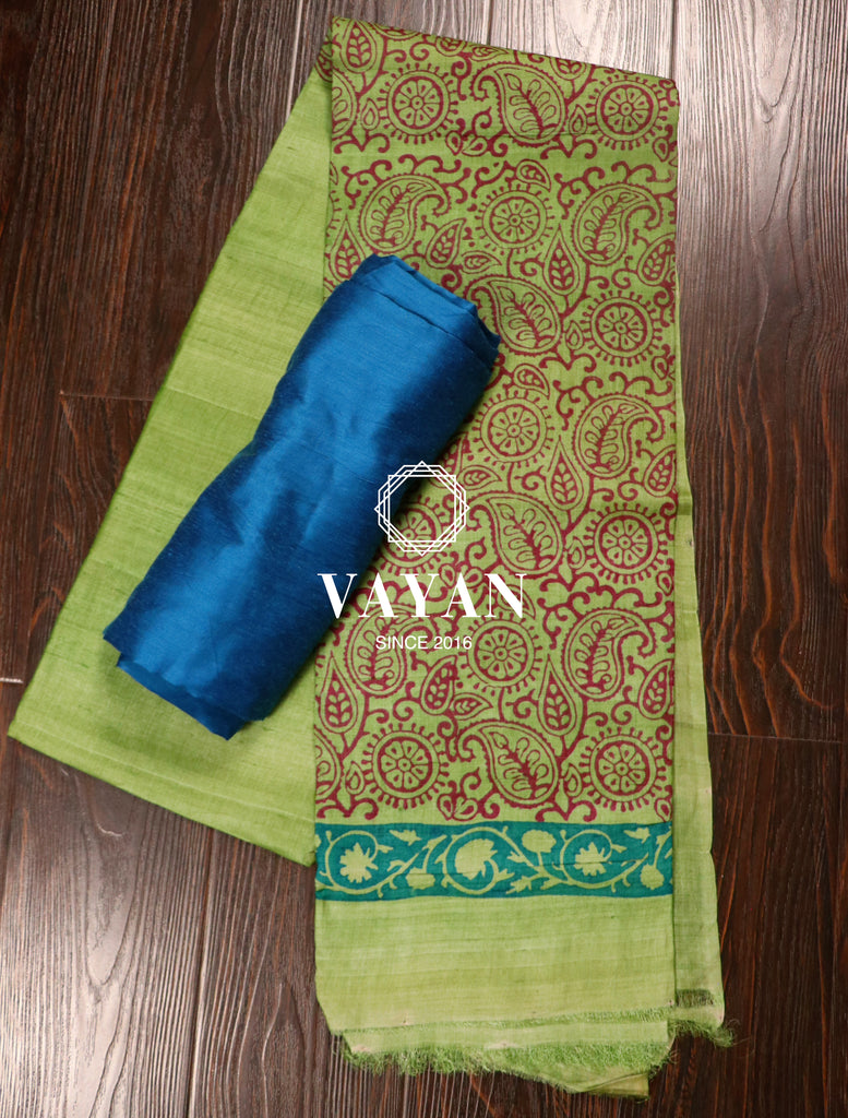 Blue Green Printed Tussar Silk Suit Set