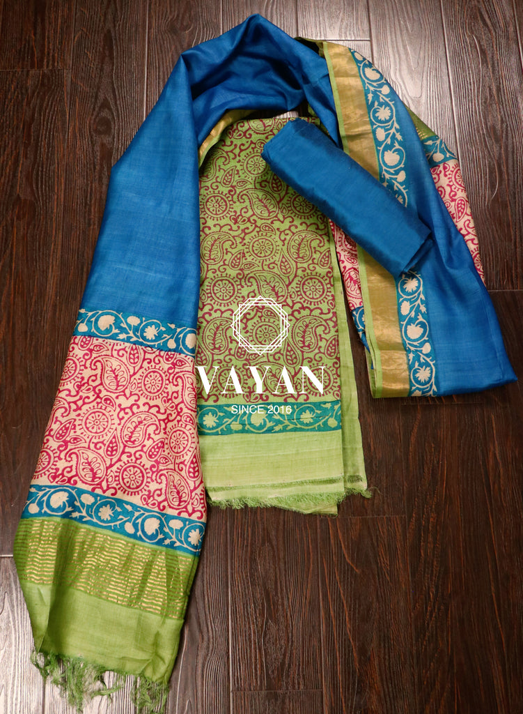 Blue Green Printed Tussar Silk Suit Set