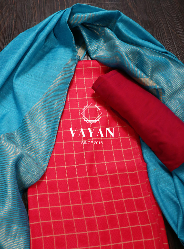 Blue Pink Blended Tussar Suit Set