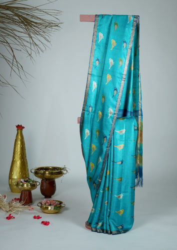Blue Color Tussar Silk Printed Saree