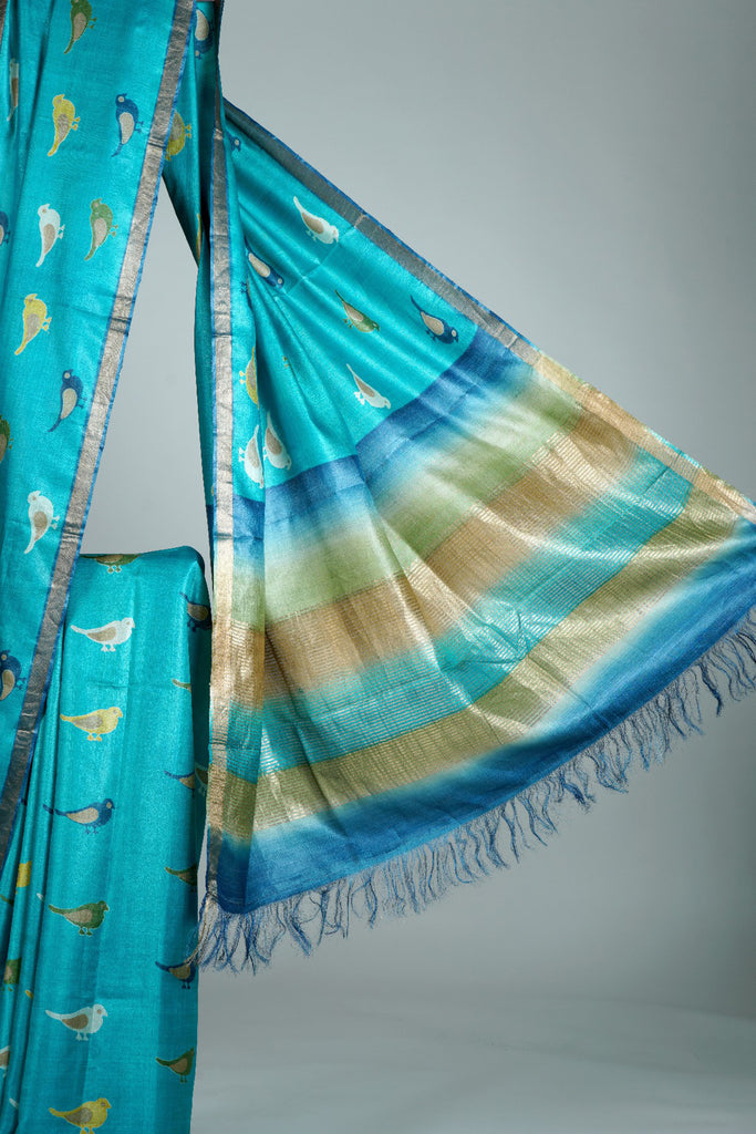Blue Color Tussar Silk Printed Saree
