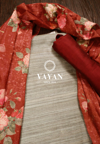 Grey Maroon Silk Suit Set