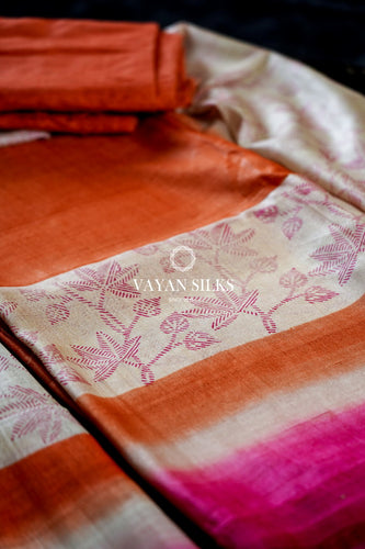 Orange Beige Printed Silk Suit Set