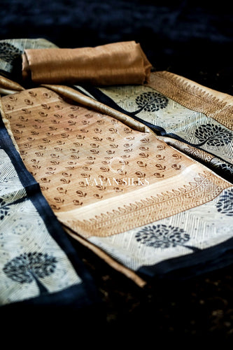 Beige Black Printed Silk Suit Set