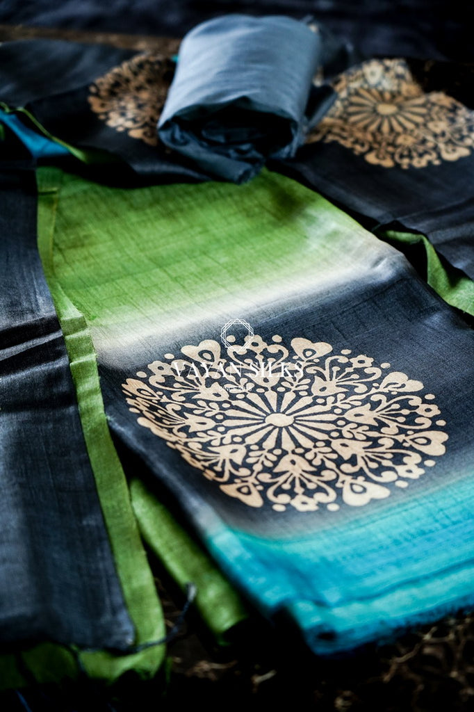 Green Blue Printed Silk Suit Set